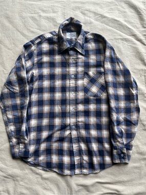 Vintage Sears Perma-Prest Flannel Shirt Medium Blue Brown Plaid